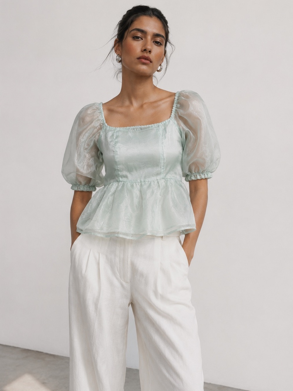Japna Mint Green Puff Sleeve Smocked Peplum Top - Size M